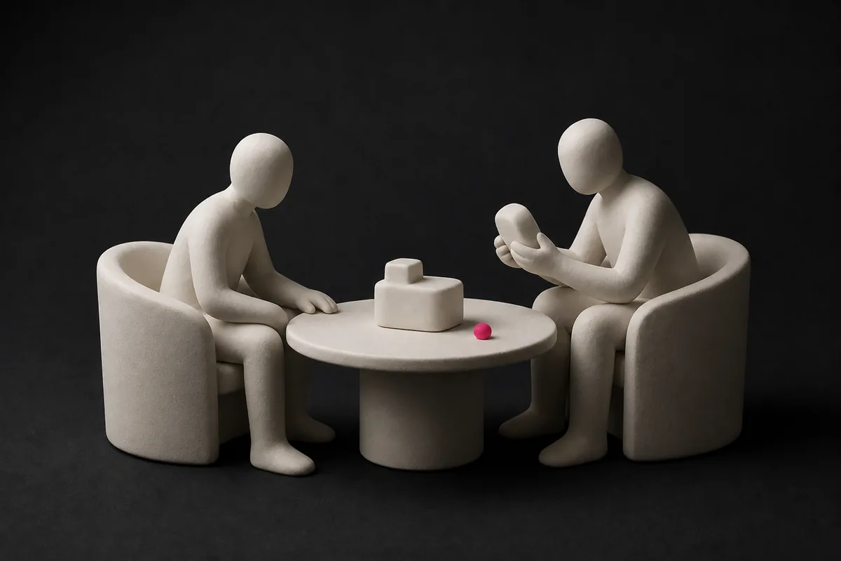 Two abstract figures reviewing a product across a table