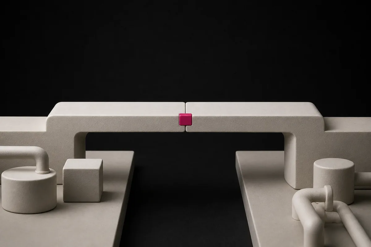 Two industrial structures joined by a precise magenta connector